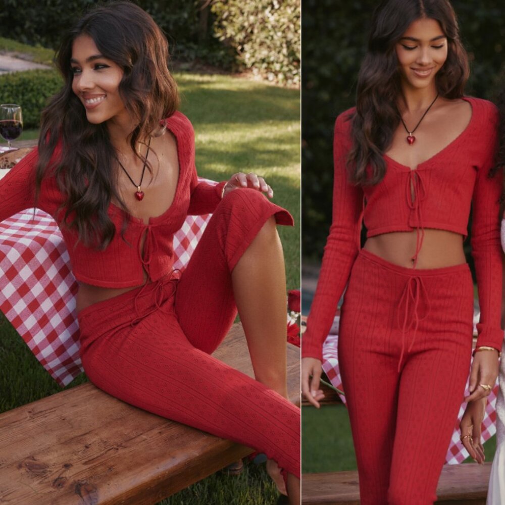 House of CB Perla Knit Cardigan/ Capri Cherry Red Rose Set
